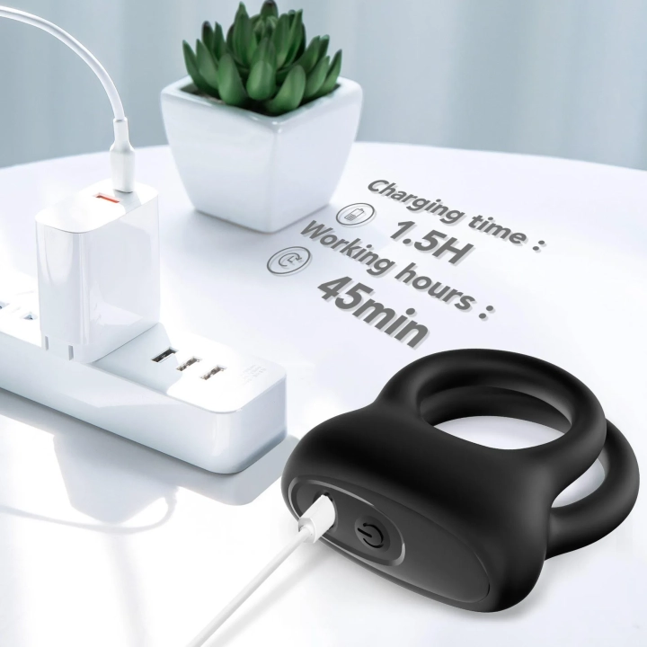 Pierścień wibracyjny Dualo Black, 9 funkcji, silikonowy, wodoodporny, USB