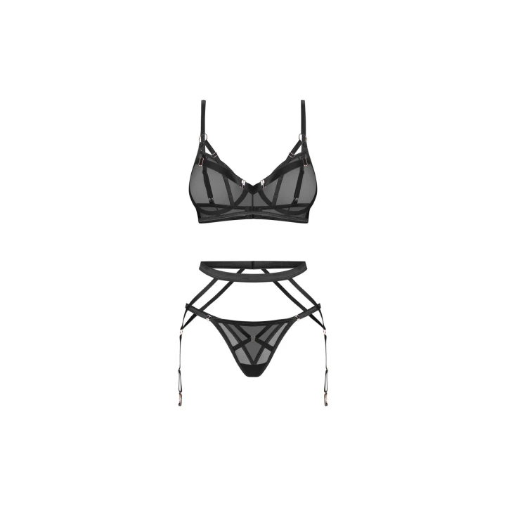 Komplet bielizny OBSESSIVE Euridia, biustonosz z fiszbinami, pas do pończoch, stringi, XL/2XL