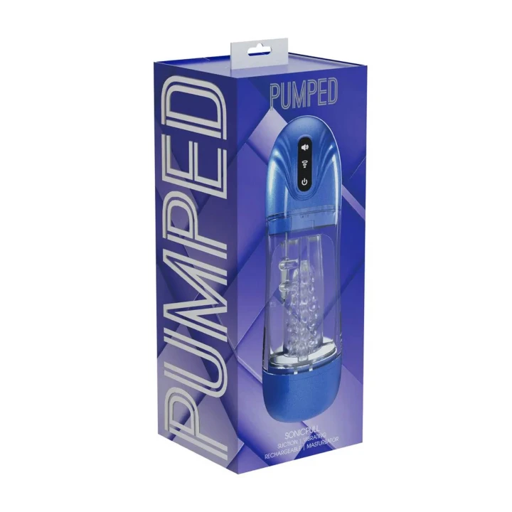 Masturbator ssąco-wibrujący SonicPull - metaliczny niebieski, długość 25cm, materiał ABS/Silikon