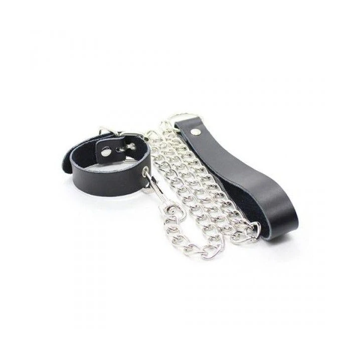 Wiązania - Obroża nadgarstkowa z metalową smyczą, Skóra, Stal, Fetyszyzm Art