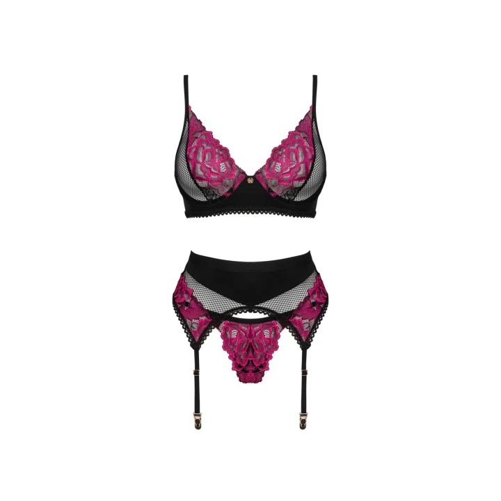 Komplet bielizny - OBSESSIVE Rosenty XL/2XL - biustonosz, stringi, pas do pończoch, fiszbiny