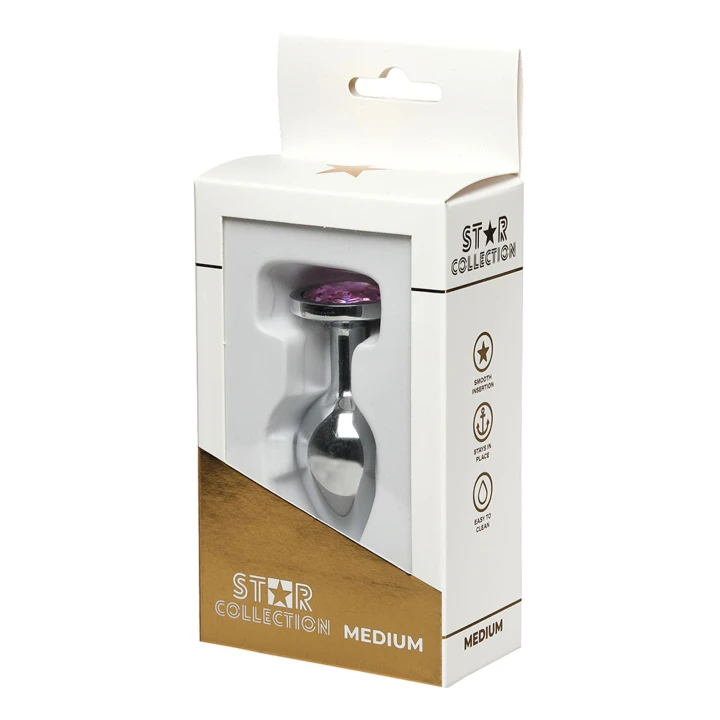 Korek analny M – metal srebrny z jasnoróżowym kamieniem (Star Collection)