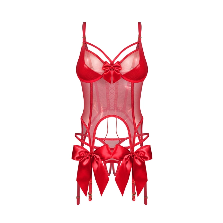Komplet gorset i stringi OBSESSIVE, transparentny, z fiszbinami i otwartym krokiem 2XL/3XL