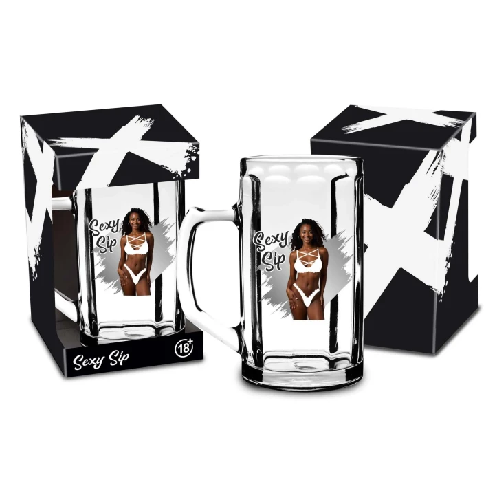 Kufel szklany 500ml Sexy Sip - humorystyczny nadruk, eleganckie opakowanie 18+