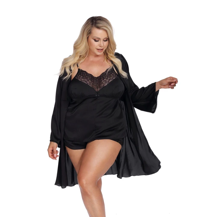 Szlafrok LAURA PLUS SIZE ANAIS | elegancka satyna, długie rękawy, haftka