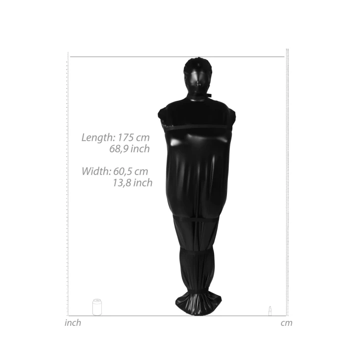 Bodybag BDSM z nylonowymi paskami, lateks/PVC, regulowane zapięcia, wentylacja