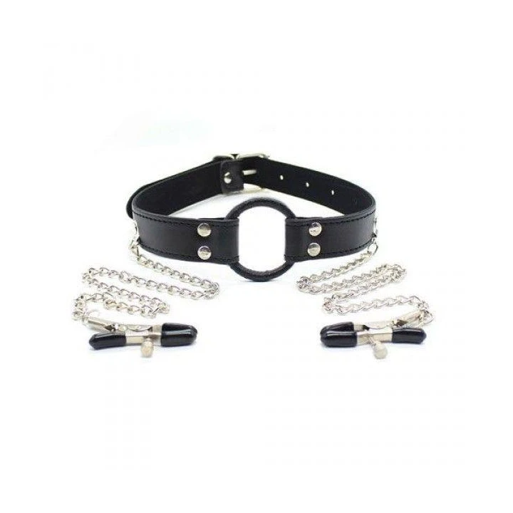 Knebel silikonowy z zaciskami na sutki Fetish Art, czarny, regulowane napięcie