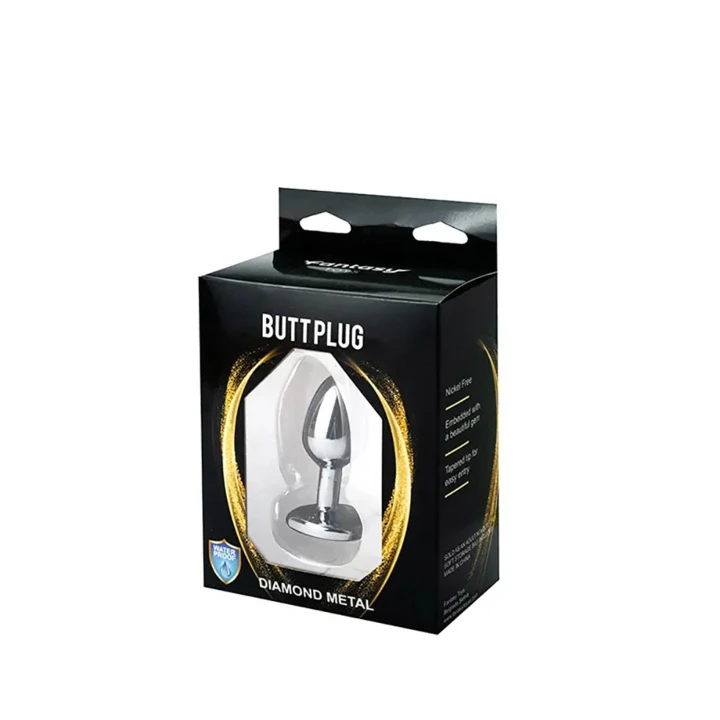 Korek analny mały, srebrny z różowym kryształem, 7 cm, 2,8 cm szerokości