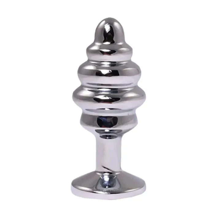 Korek analny średni, metalowy, żebrowany z różowym kryształem, 3,3 cm szerokości