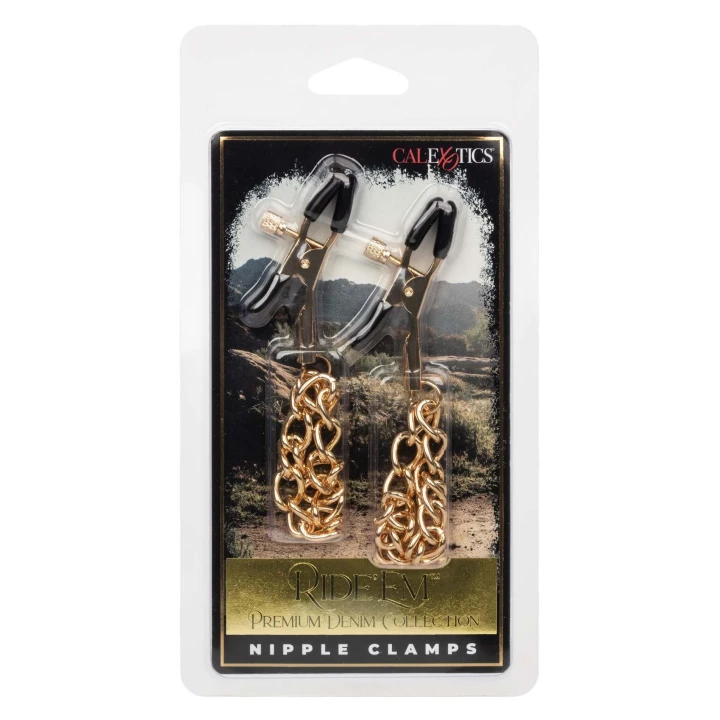 Zaciski na sutki Ride 'em Premium, regulowane z podkładkami PVC, złote łańcuszki