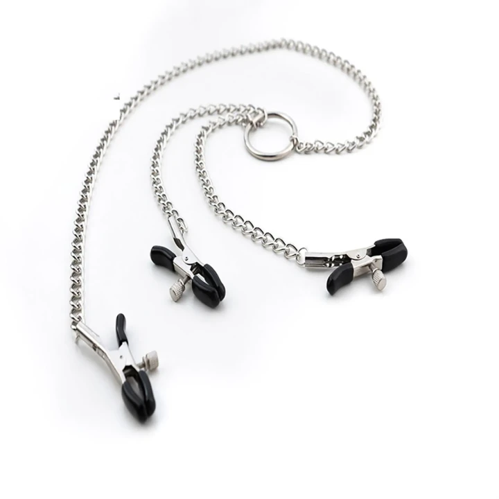 Klamry na sutki i łechtaczkę, regulowany nacisk, metalowy łańcuch 53 cm