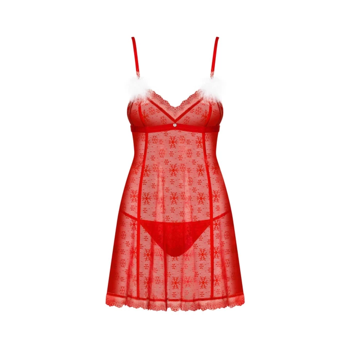 Babydoll i stringi OBSESSIVE, regulowane ramiączka, czerwona koronka, błyszcząca ozdoba