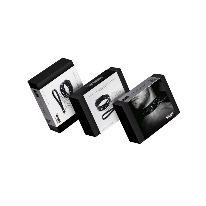 Obroża męska z ćwiekami WHIPS, regulacja 42-50 cm, smycz 120 cm, skóra naturalna