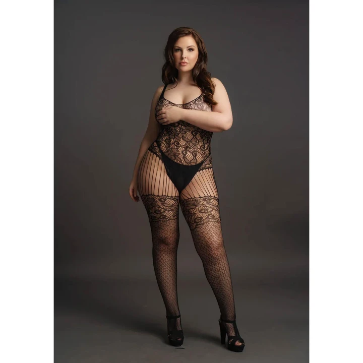 Bodystocking LE DESIRE, Plus Size XL-4XL, Koronka i Siateczka, Elastyczny Nylon