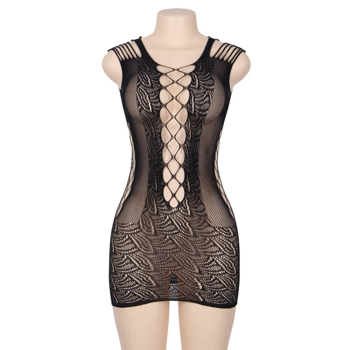 Sukienka krótka PARIS HOLLYWOOD, czarna, elastyczny materiał, perforowane wykończenie