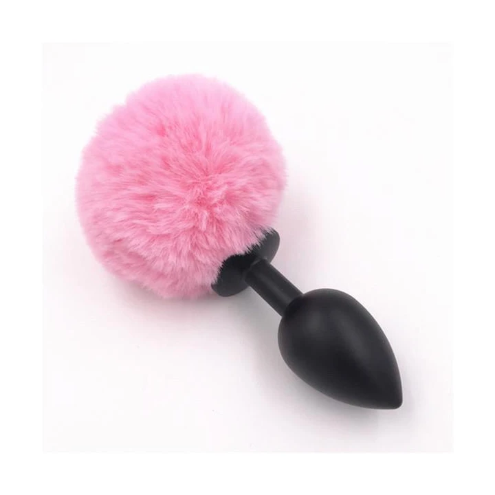 Wtyczka analna mała, Bunny - czarna silikonowa, 7,2 x 3,2 cm, różowy ogon