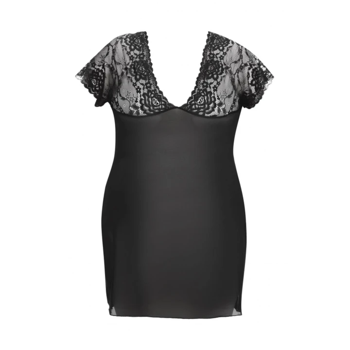 Halka nocna ANAIS PLUS SIZE, czarna XXL+, koronkowe rękawki, zmysłowy dekolt