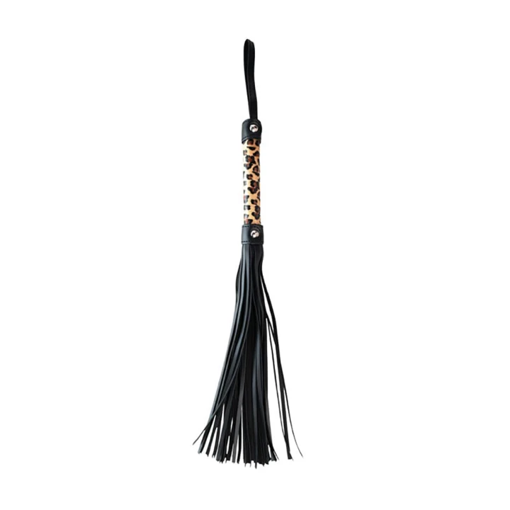 Flogger BDSM - stylowy wzór panterki, długość 45 cm, skóra PU i metal bez niklu