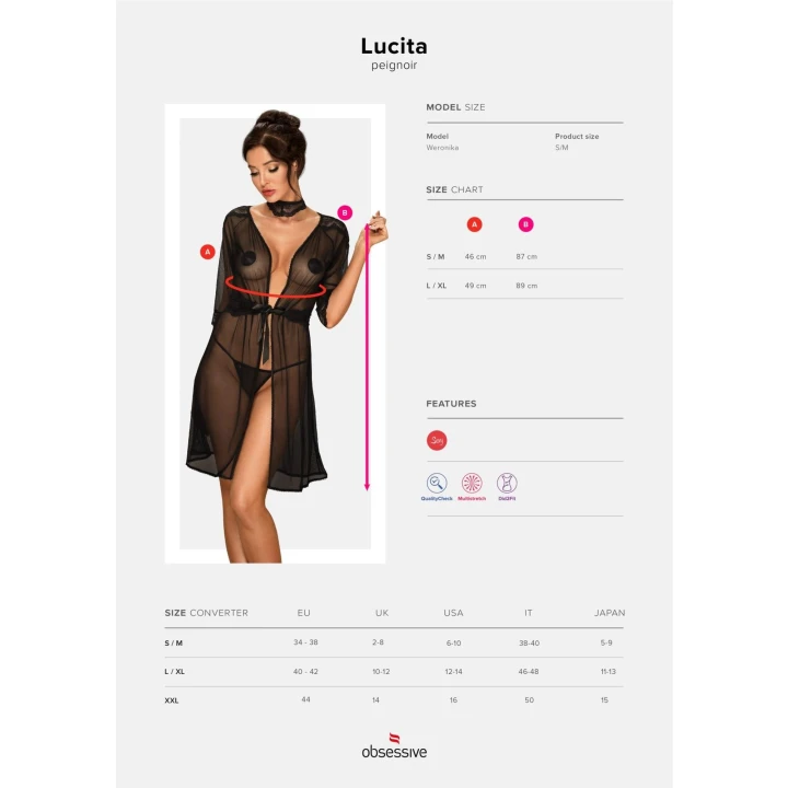 Peniuar OBSESSIVE Lucita S/M, koronkowy choker, elegancki pas z wiązaniem