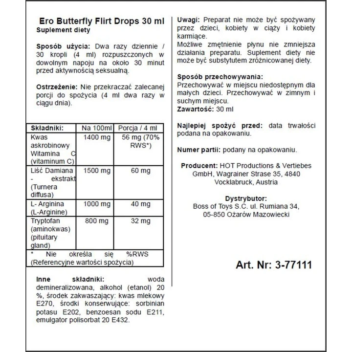 Krople stymulujące - Ero Butterfly Flirt, naturalne składniki, 30 ml