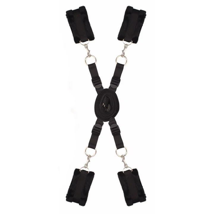 Ogranicznik łóżkowy BLAZE z mankietami z sztucznego futra, nylonowe paski, regulowane zapięcia