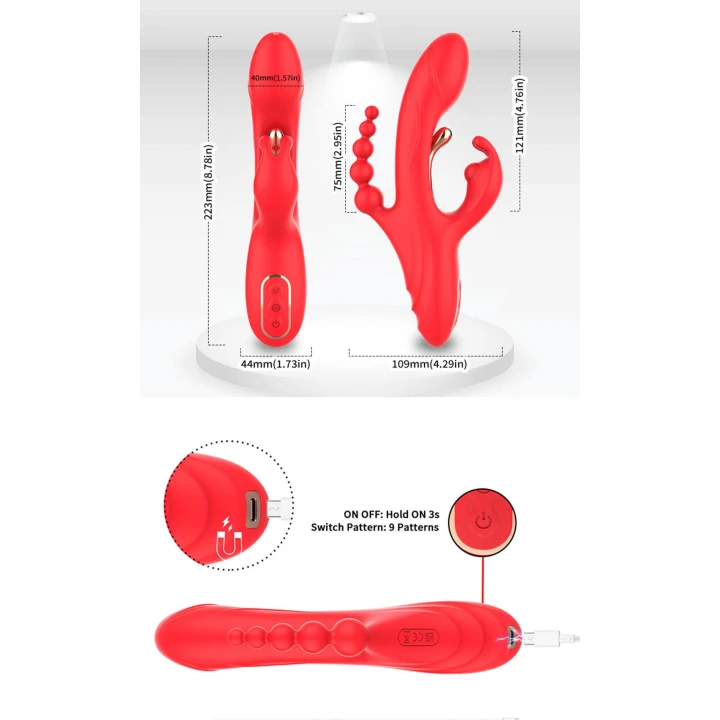 Wibrator typu króliczek Trident Red, 4-punktowa stymulacja, 9 trybów wibracji