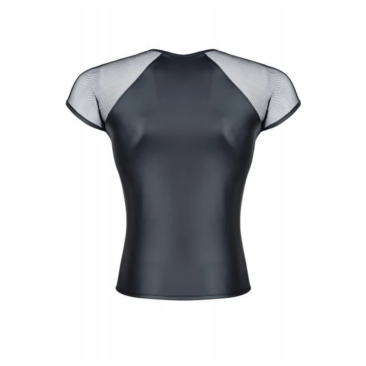 Męski T-shirt wetlook REGNES FETISH PLANET, elastyczna ekoskóra, siatka na rękawach