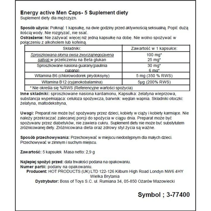 Suplement diety - ERO MEN ENERGY - Wzmocnienie erekcji, zwiększona energia, 5 kaps.