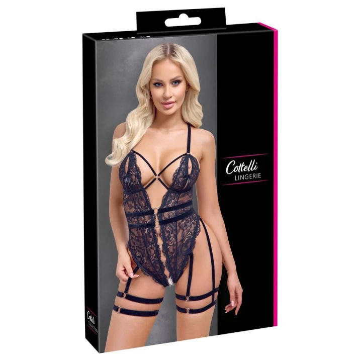 Body COTTELLI LINGERIE - czarne, elastyczne, otwarte z przodu, z odpinanymi paskami