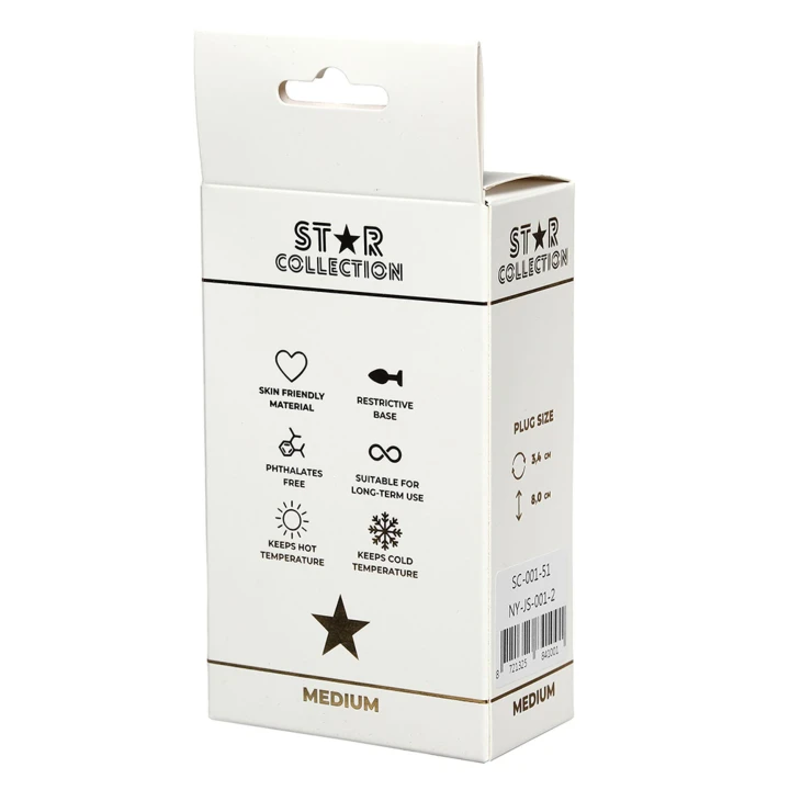 Analny korek M metaliczny srebrny, polerowany z przezroczystym kamieniem