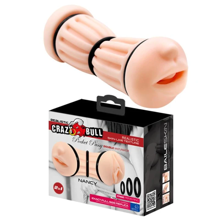 Masturbator podwójny CRAZY BULL - NANCY, prążkowana konstrukcja, realistyczne otwory