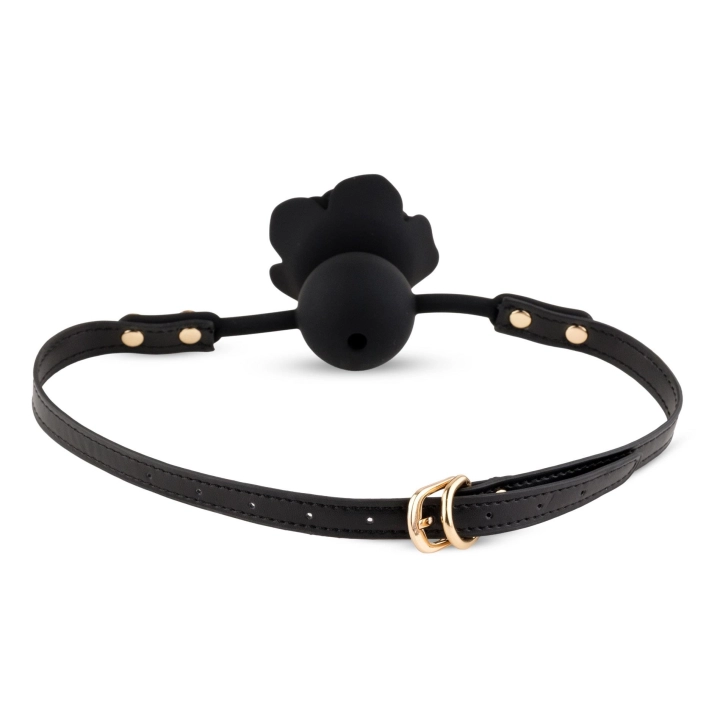 Ball Gag Black Rose – silikonowa kulka 4,2 cm, pasek regulowany 65 cm, złote detale