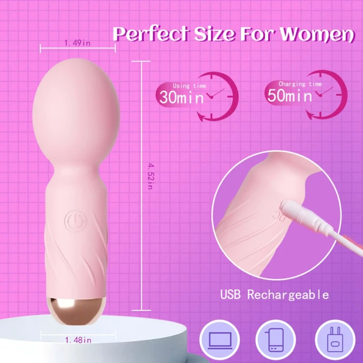 Masażer mini, Cute Mini Wand Pink, 10 trybów wibracji, wodoodporny, silikon medyczny