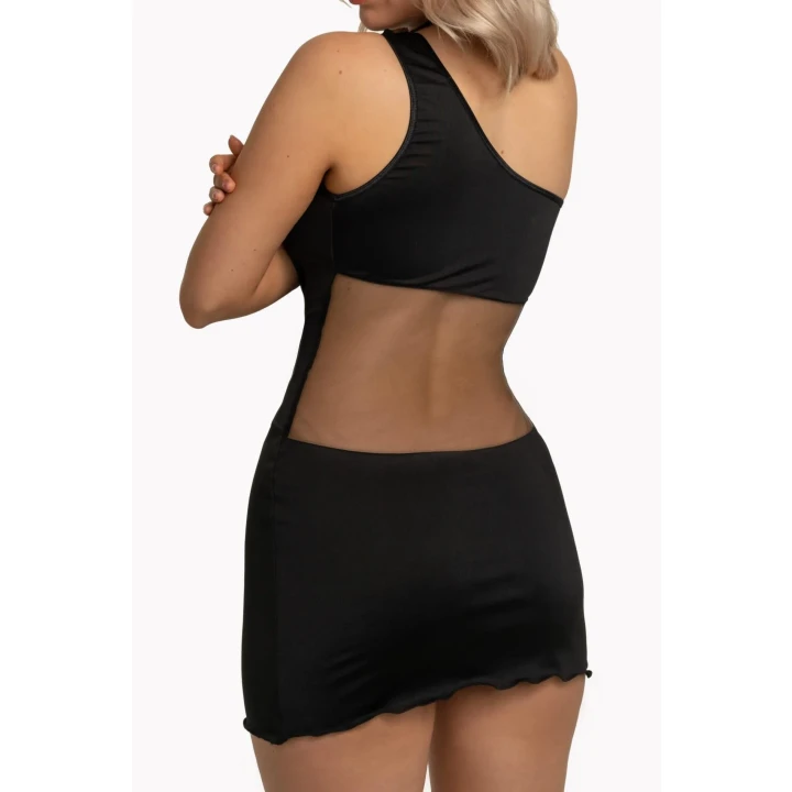 Sukienka KAREN ANAIS, czarna, tiulowa wstawka, na jedno ramię, XS, uwydatnia talię