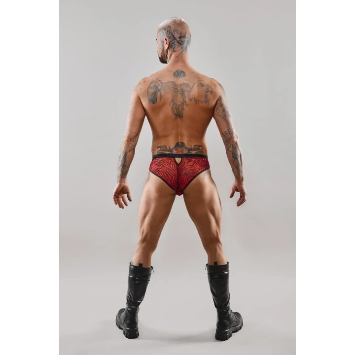 Majtki brazyliany REGNES FETISH PLANET - XXL, czarno-czerwona zebra, elastyczny tiul, vinyl