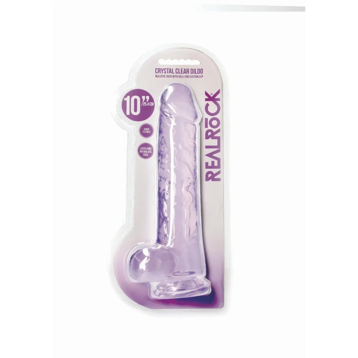 Dildo REALROCK CRYSTAL CLEAR 10” z realistycznymi jądrami, 28 cm, wodoodporne