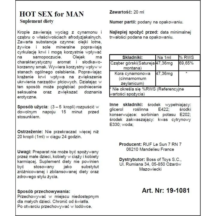 Suplement diety - HOT SEX DLA MĘŻCZYZN 20ML - zwiększa libido, poprawia krążenie, intensyfikuje doznania