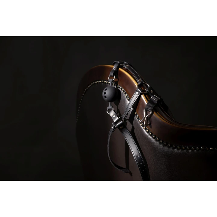 Uprząż BDSM z kneblem i zaciskiem na nos, regulowana, skóra PU, czarna