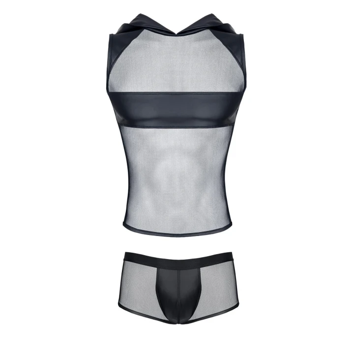 Komplet siatkowy męski REGNES FETISH PLANET – t-shirt z kapturem i szorty ekoskórne