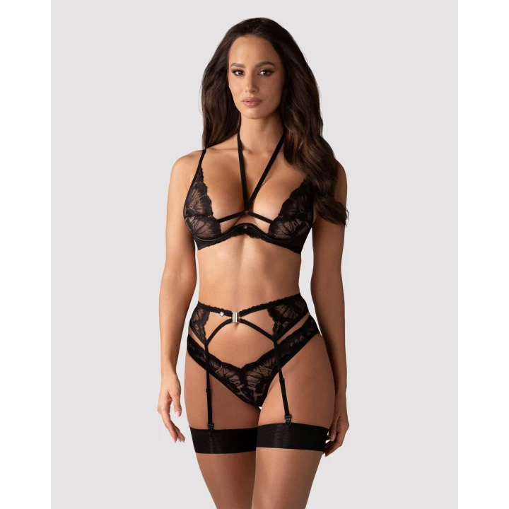 Komplet bielizny OBSESSIVE: biustonosz, pas do pończoch, koronkowe figi M/L