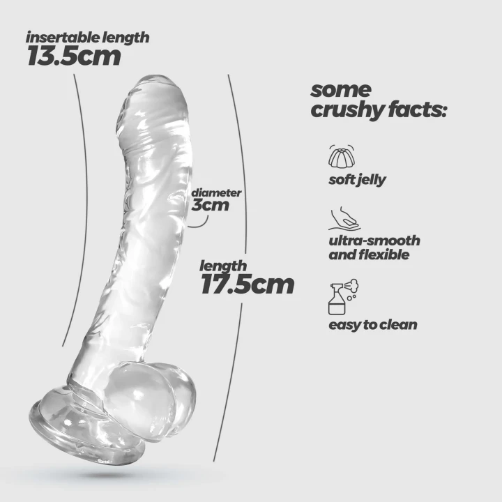 Dildo Crushious Hudini – przezroczysty TPE, 17,5 cm, przyssawka, wodoodporny