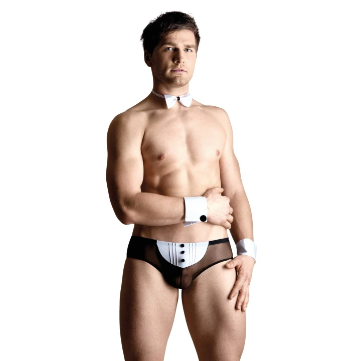 Strój kelnera XL - SOFTLINE COLLECTION, elegancki, czarno-biały, z muszką i mankietami