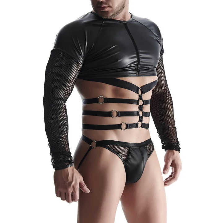 Koszulka męska REGNES FETISH PLANET, czarna, ozdobne gumki, srebrne pierścienie, połyskująca