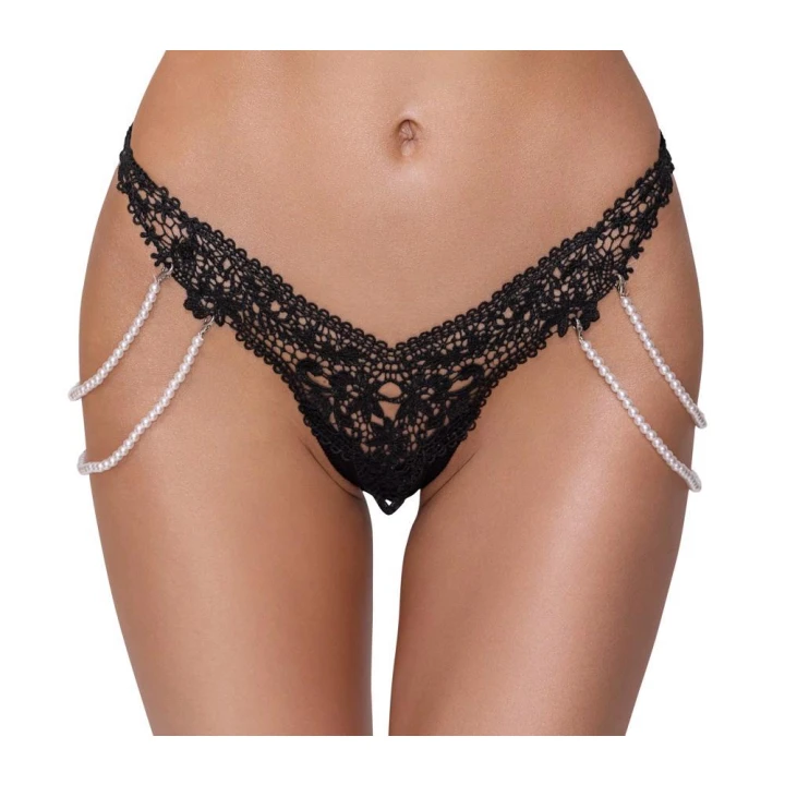 Stringi koronkowe COTTELLI LINGERIE z perłowymi łańcuchami, M/L, elastyczne, haftowane
