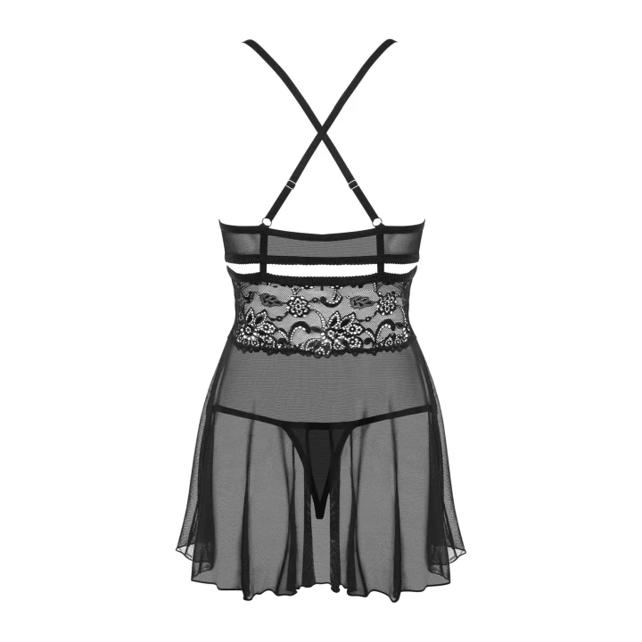 Babydoll OBSESSIVE, czarna koronka i siateczka, regulowane ramiączka, XXL
