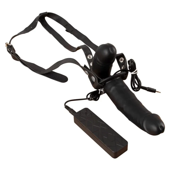 Wibrator strap-on z podwójnym stymulatorem, regulowany pas, 10 trybów wibracji