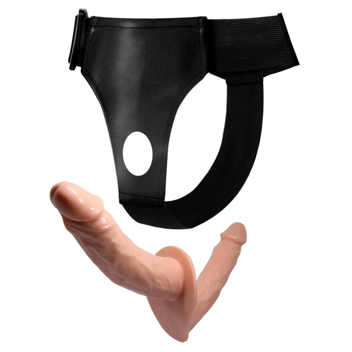 Dildo podwójne BAILE, 7.1''+5.9'', regulowana uprząż, tekstura prążkowana