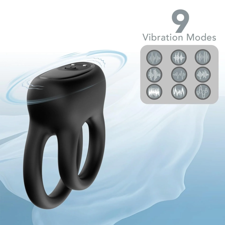 Pierścień wibracyjny Dualo Black, 9 funkcji, silikonowy, wodoodporny, USB