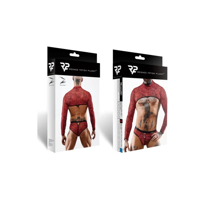 Top męski REGNES FETISH PLANET - czarno-czerwony tiul, długie rękawy, XL