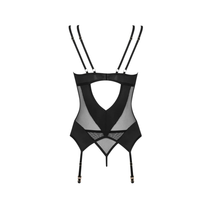 Gorset i stringi OBSESSIVE XL/2XL, regulowane ramiączka, fiszbiny, przezroczysta siateczka
